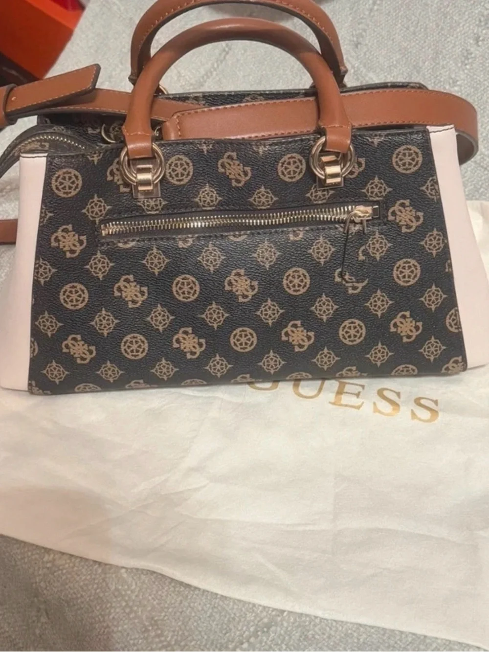 GUESS Brown Logo Monogram Satchel with Cream Panels